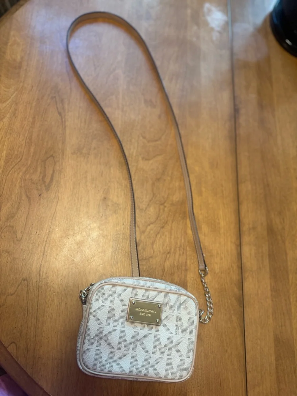 Michael Kors Embossed MK Logo Crossbody in Cream and Tan - Picture 3 of 8
